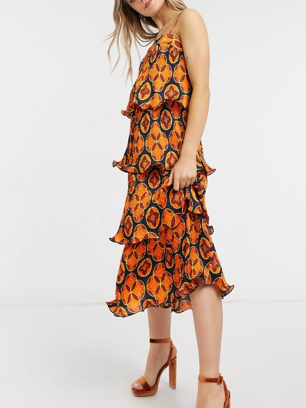 Never Fully Dressed Geometric Tiered Frill Midaxi Dress 10 Orange Transitional